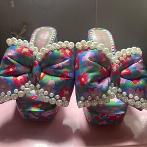 Betsey Johnson Multicolor Floral Pearl Bow Platform Heels